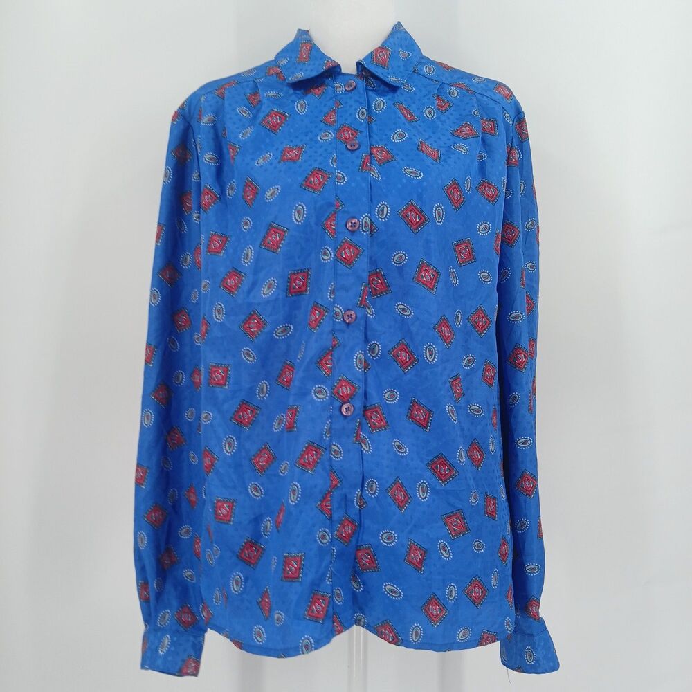 Vintage Royal Blue Floral Dot Long Sleeve Button Up Blouse Womens Medium Large